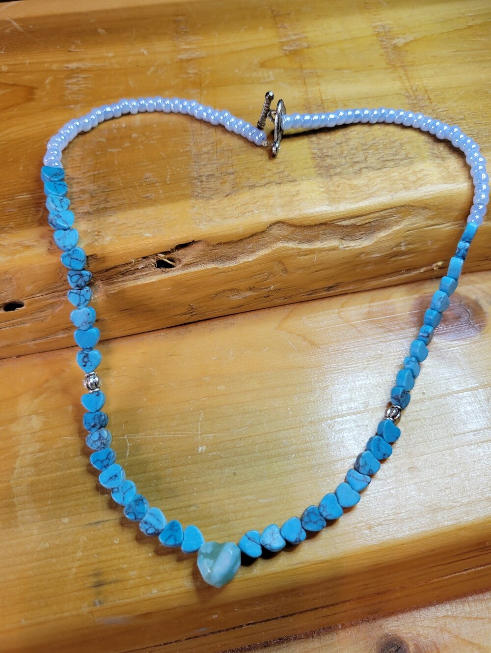 Handmade Blue Dyed Howlite Hearts Gemstone Beaded Necklace 16" Long